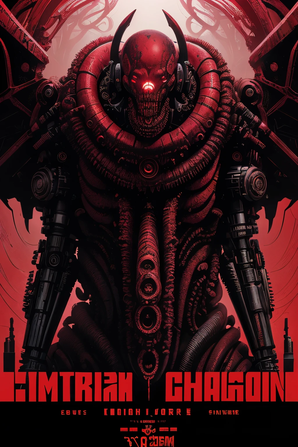 cyborg, magazine cover, poster art , Lovecraftian horror genre, hint of crimson, bold huge text, matted design layout.