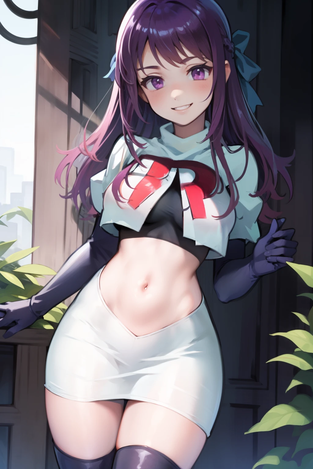 ivy fe purple eyes, purple hair, team rocket uniform, red letter R, white skirt,white crop top,black thigh-high boots,black elbow gloves, smile, show teeth,