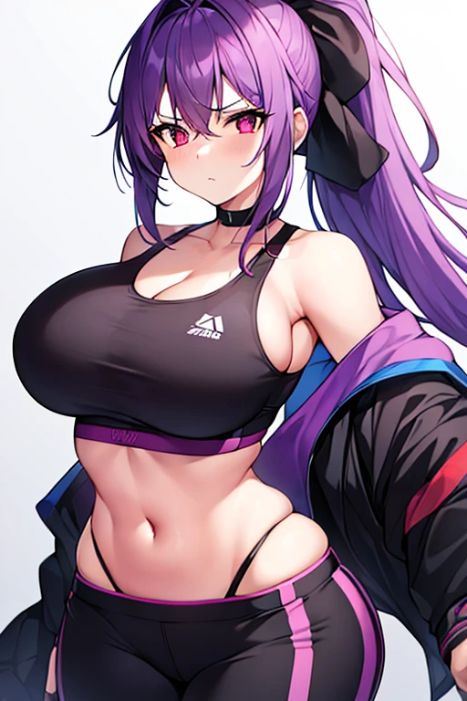 1girl, purple hair, ponytail, breasts, large breasts, wide hips, sportswear, sports bra, black pants, gloves, red eyes, serious, glowing eyes, black sports bra, black pants