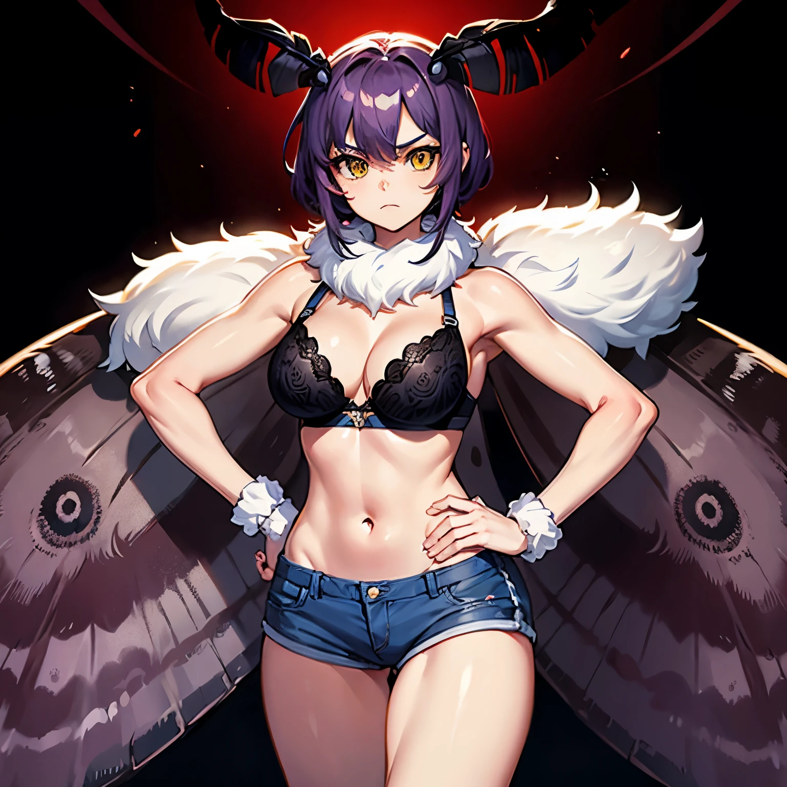 (Obra maestra), La mejor calidad, ojos expresivos, 1girl, Cara perfecta , ojos amarillos ROMPER pelo corto, purple hair, corte lateral, ombligo, pechos grandes, Crecimiento muscular, brillante, black sports bra BREAK blue shorts BREAK standing,Chica polilla, Alas de polilla, Antenas, piel del cuello, fondo rojo y negro, Antecedentes abstractos, manos en las caderas
