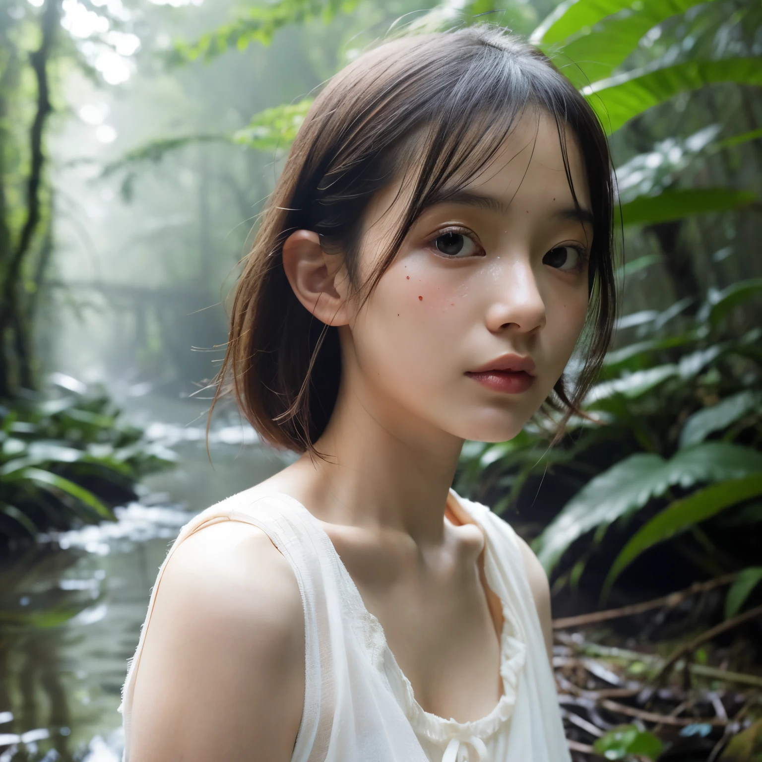 Beautiful face, Best Quality,ultra high natural light, Shiny skin,Detailed skin,Detailed face,Detailed eyes, Beautiful japanese girl, In the deep forest, (Fog:1.2), Sateen, puddle, myst, Water, downpour, Many trees,goddess of reconciliation