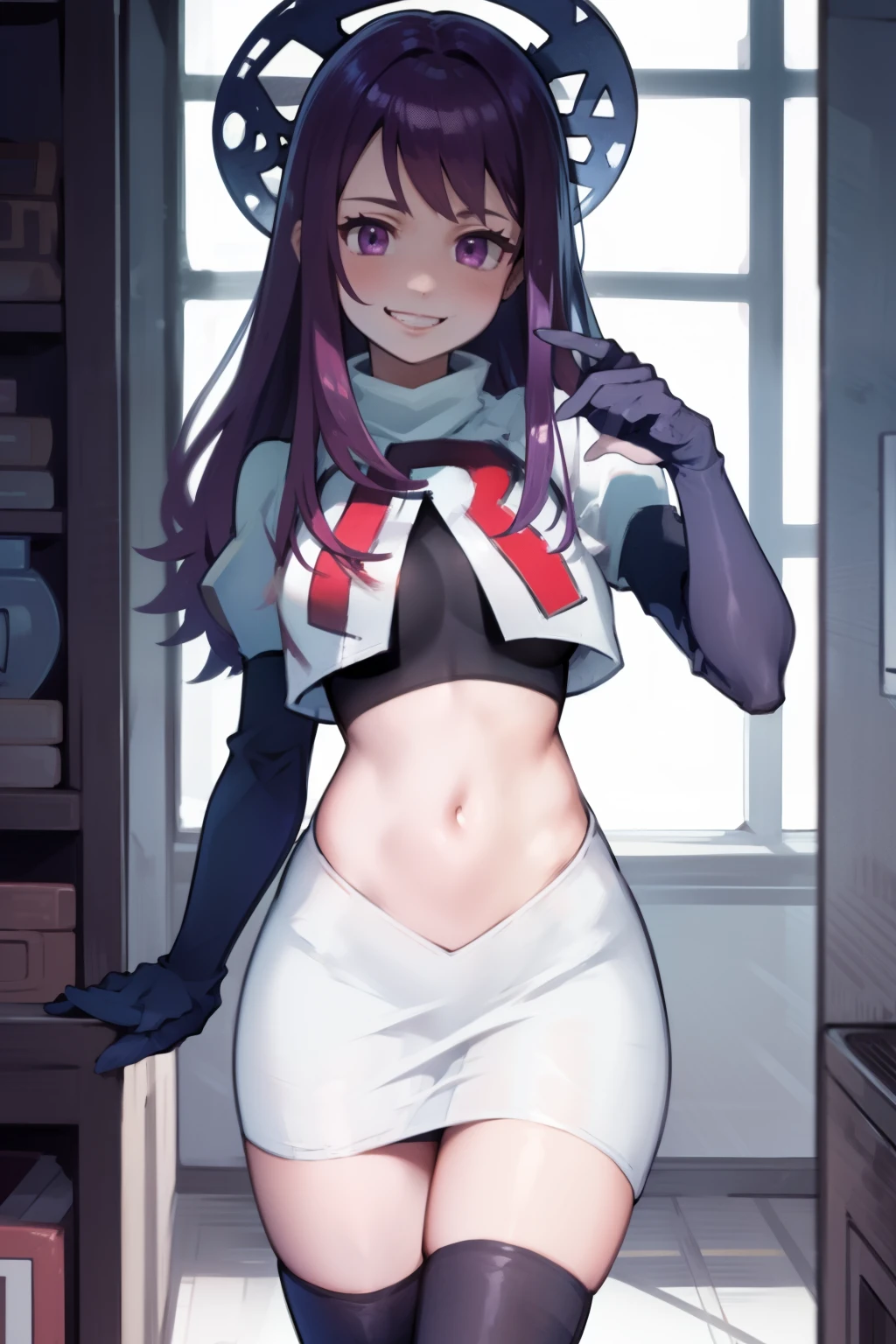 ivy fe purple eyes, purple hair, team rocket uniform, red letter R, white skirt,white crop top,black thigh-high boots,black elbow gloves, smile, show teeth, headwear