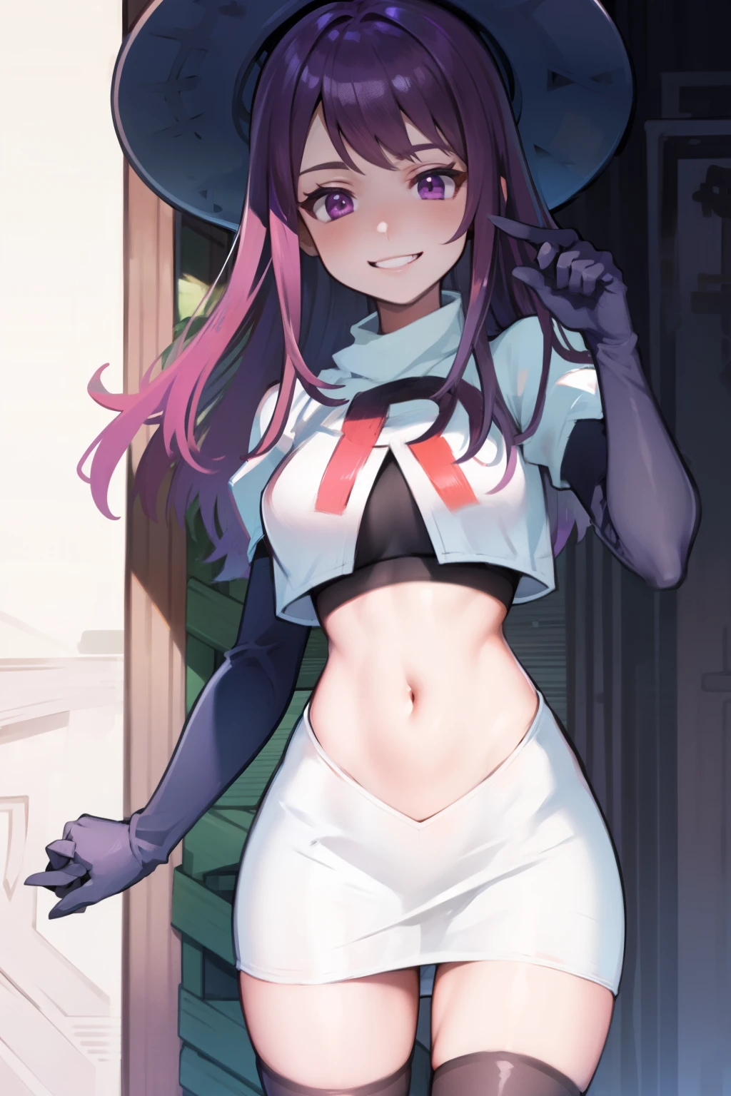 ivy fe purple eyes, purple hair, team rocket uniform, red letter R, white skirt,white crop top,black thigh-high boots,black elbow gloves, smile, show teeth, headwear