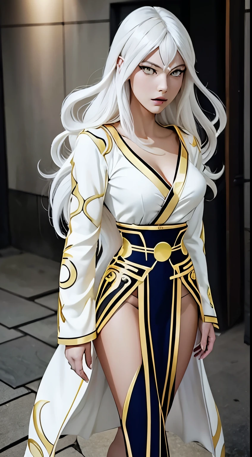 A beautiful and sexy woman with long white hair and yellow eyes who wears a white kimono with gold details and has several runes running across her body in the one punch man style