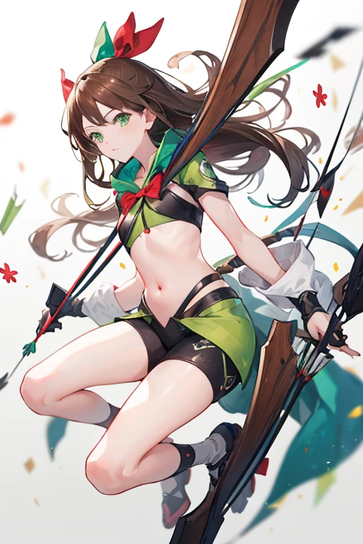 -arcana,arcana,Windranger anime style, solo, bow \(weapon\), weapon, 1girl, simple background, flower, long hair,, bug, green eyes, arrow \(projectile\), no humans, full bodyexposed belly, brown hair with red tips, short