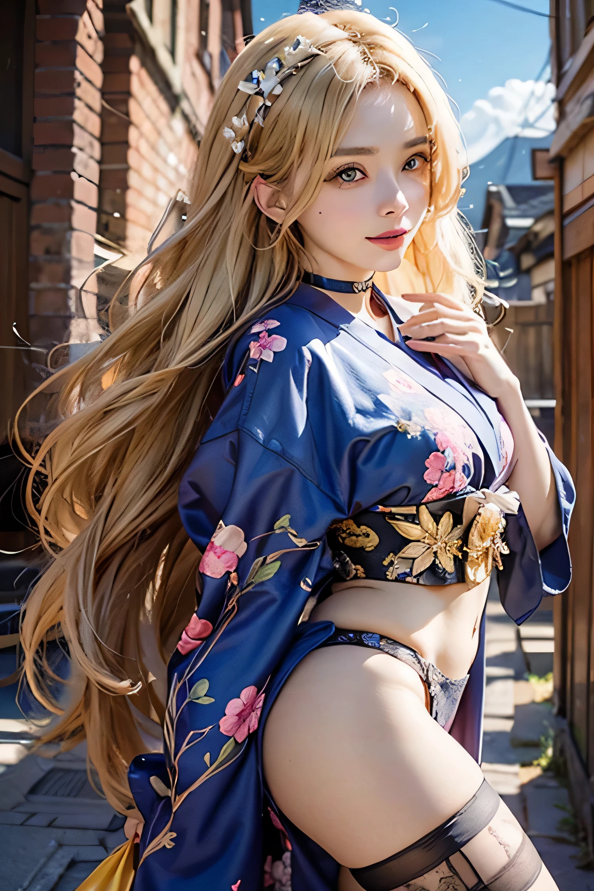 (Photorealsitic:1.3,visualart,depth of fields、top-quality,8K picture quality,masterpiece:1.3,hight resolution,masutepiece:1.2),femele(23years old, Gold Kimono, Golden underwear, golden bra, Golden panties, a choker,Golden Accessories),(Long hair:1.2,a blond:1.3), Blue Eye, (ssmile:1.2),A dragon is wrapped around the body:1.4,Kimono comes off,thigh visible,I can see panties,teats see through,detailed flawless face:1.5,normal hands:1.5,Normal finger:1:5,Normal legs:1.5,New Year,shrines,Back alley,Background with(sunrises,Mt fuji),Elaborate design,The best lighting,Front Angle+