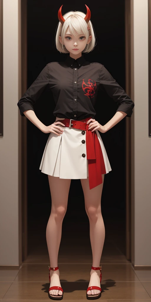 SFW, Female Full body standing straight symmetrical, looking to the viewer, hands on hips, peace sign, A woman,short detailed hair,ember,white backgrounid,Gray tones。Masterpiece, Best quality, 超高分辨率, Beautiful, Visually stunning, elegant, incredibily detailed, Award-winning art, 0n1, Red skin, oni horns, their, Red them, Colored skin, metal sandals