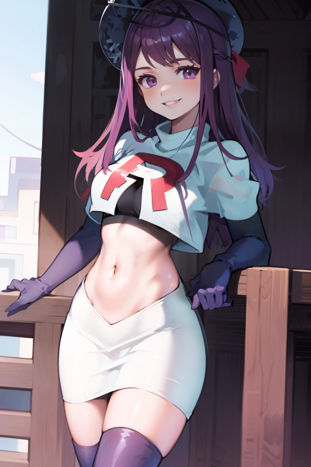 ivy fe purple eyes, purple hair, team rocket uniform, red letter R, white skirt,white crop top,black thigh-high boots,black elbow gloves, smile, show teeth, headwear