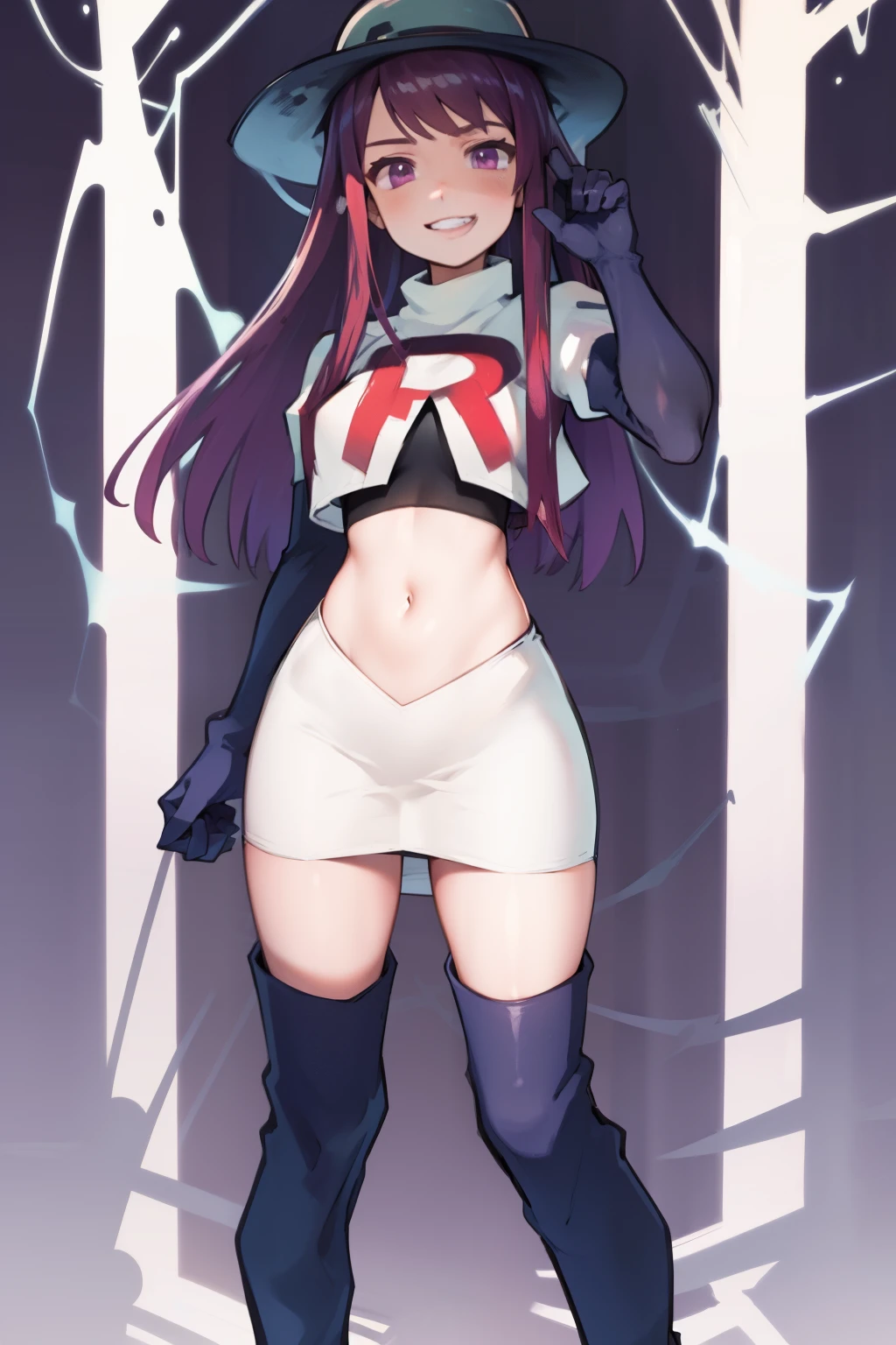 ivy fe purple eyes, purple hair, team rocket uniform, red letter R, white skirt,white crop top,black thigh-high boots,black elbow gloves, smile, show teeth, headwear