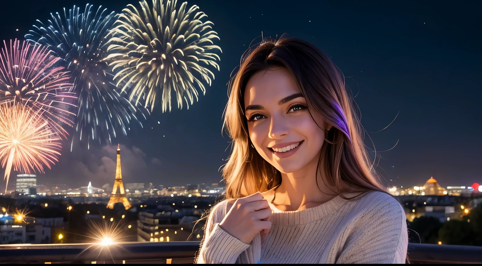 best quality,Altas,(Realistic:1.37),olhos azul-esverdeados,garota 20 anos,Paris,Torre Eiffel,fireworks,vestido bonito,cabelos longos,Luzes da cidade,cena noturna,celebration,cores vibrantes,colorfull sky,cintilante,atmosfera alegre,romantic ambiente,clima festivo,inverno, Tempo frio,happy expression,rosto sorridente,arousal,energia positiva,full body view