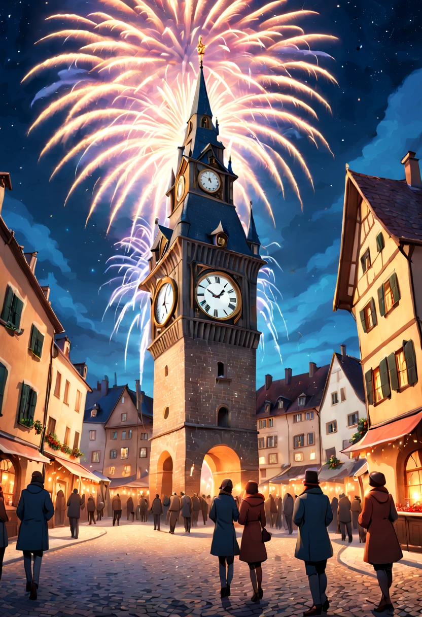 New Year's Eve celebration in a quaint European village square, fireworks bursting in starry sky, cobblestone streets, revelers in festive attire, ancient clock tower striking midnight, (warm glowing lights:1.2) (vibrant colors) (high detail) (photorealistic) (wide angle)