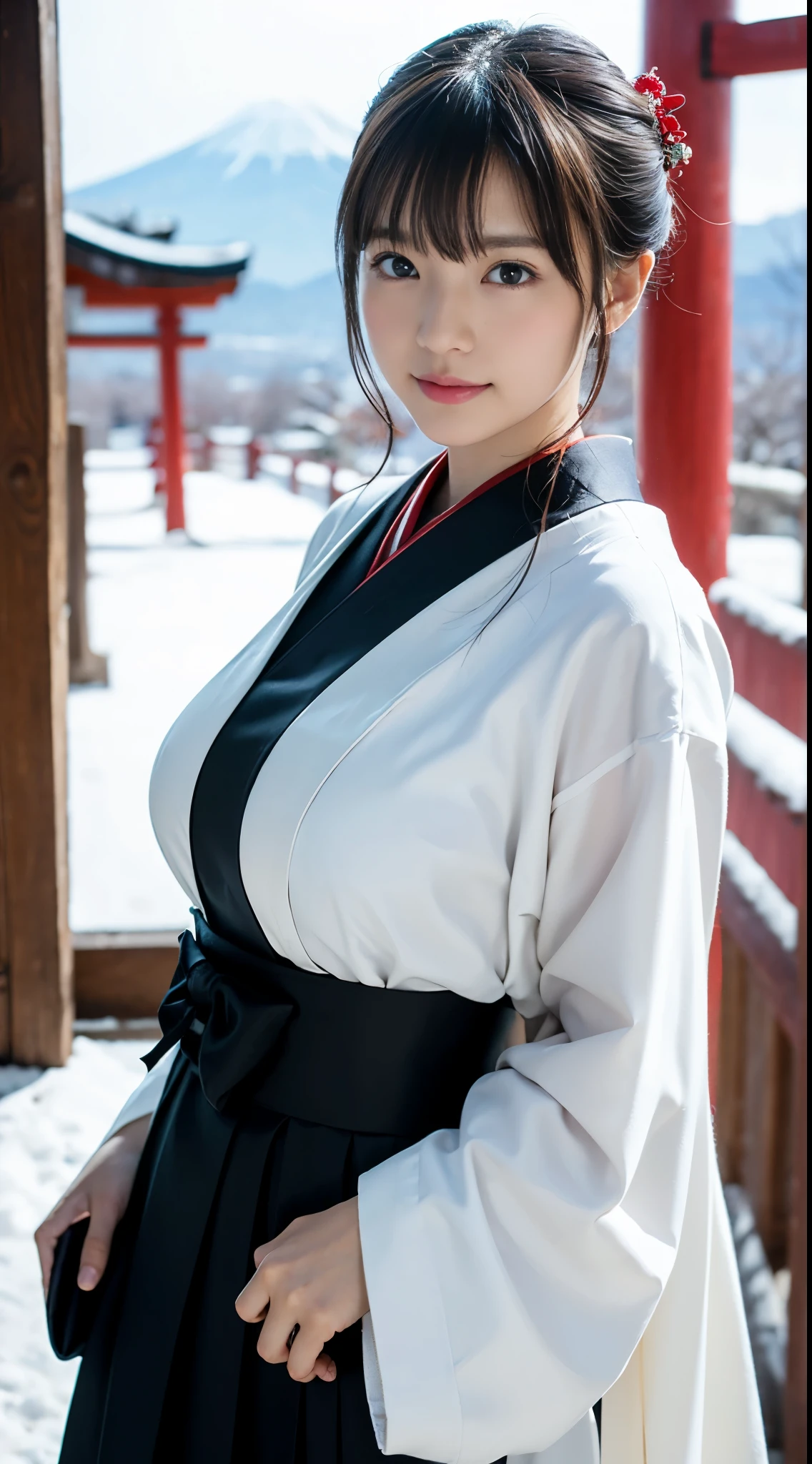 生a picture、1girl in、Incredibly absurd, beautiful a girl, (Cute adult woman), (top knot), depth of fields, hight resolution, ultra-detailliert, (finely detail), ighly detailed, ighly detailedな目と顔, Sharp pupils, Big black eyes, Realistic デート, foco nítido, Cinematic lighting、Eyes and faces with detailed、((old-fashioned samurai costume))、(White and red shrine maiden's hakama)、natural soft light、Cowboy Shot Full Length Body、A path where you can see the shrine's torii gate、Bamboo forest approach to the shrine、a closeup、A refreshing smile、tempting look、(Super burst breasts:1.3)、Cameltoe、Bold Pose、Three-dimensional sensation of the body、Realistic、a picture、Detailed texture、In the falling snow、Mt. Fuji in the snowy landscape