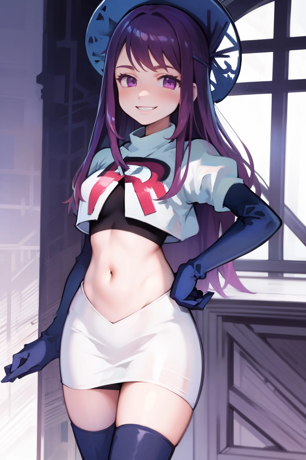 ivy fe purple eyes, purple hair, team rocket uniform, red letter R, white skirt,white crop top,black thigh-high boots,black elbow gloves, smile, show teeth, headwear