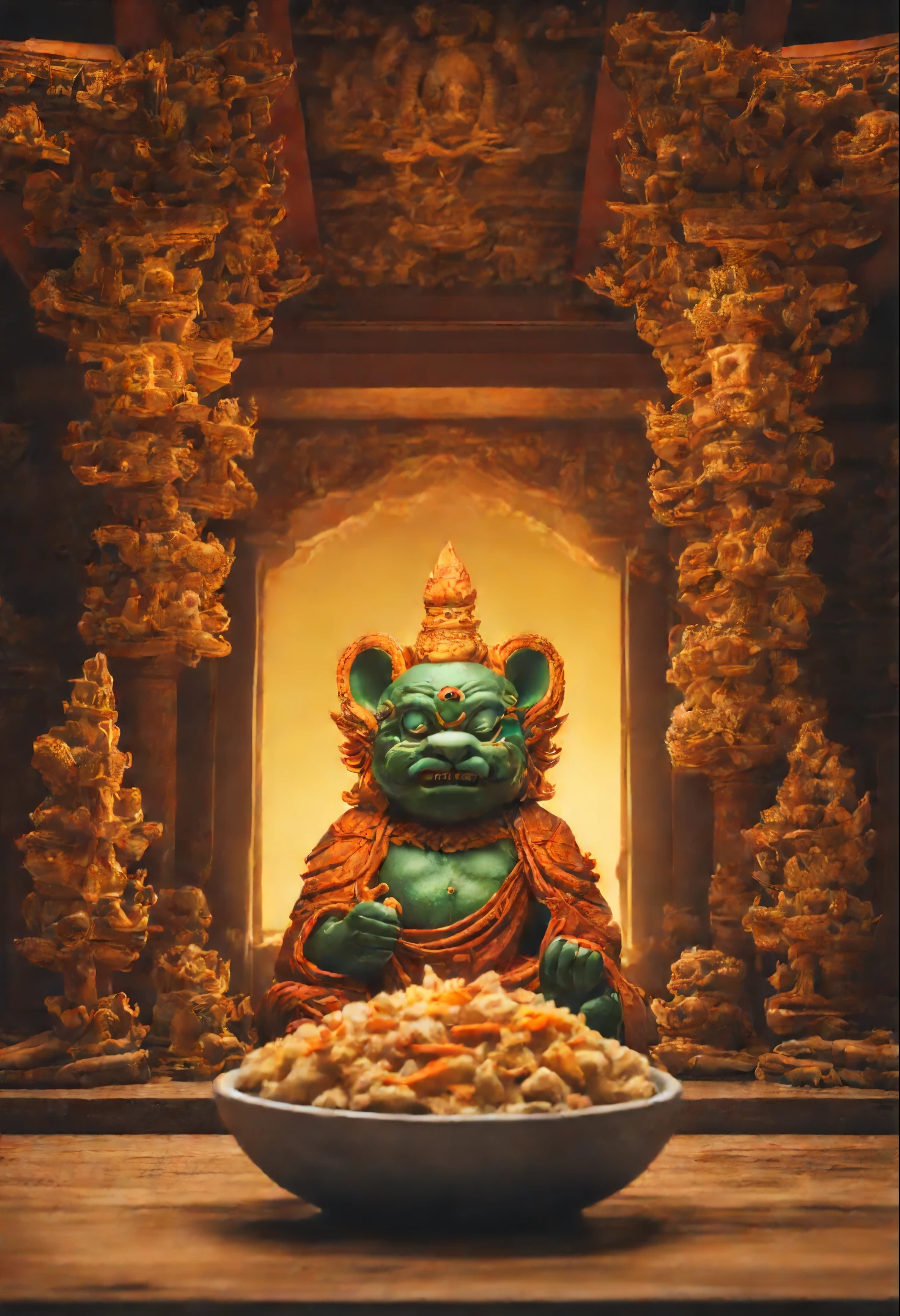 1 noodle bear demon emerging from a bowl of laksa with lots of tofu and cannabis indica nuggets inside a old Buddhist temple, being prayed over