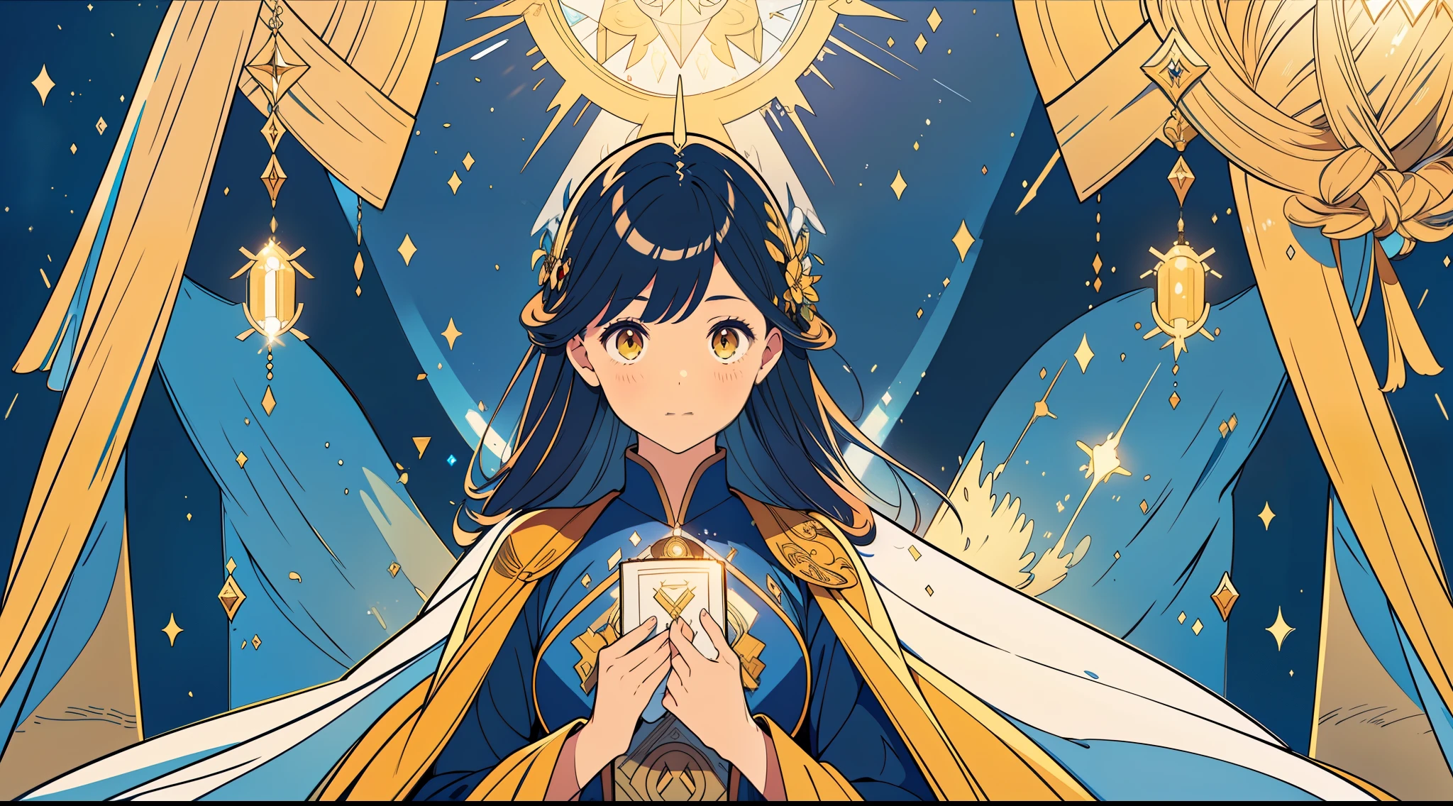 1 mature girl with long blue and yellow eyes with a big bible in her hand looking at camera, alone, High detail mature face, tie hair on the left side, golden eyes, full yellow cloak, black priest cloth, floating halo ring with radiance, high res, ultra sharp, 8k, masterpiece, smiling, fantasy world, magical radiance background ((Best quality)), ((masterpiece)), 3D, HDR (High Dynamic Range),Ray Tracing, NVIDIA RTX, Super-Resolution, Unreal 5,Subsurface scattering, PBR Texturing, Post-processing, Anisotropic Filtering, Depth-of-field, Maximum clarity and sharpness, Multi-layered textures, Albedo and Specular maps, Surface shading, Accurate simulation of light-material interaction, Perfect proportions, Octane Render, Two-tone lighting, Wide aperture, Low ISO, White balance, Rule of thirds,8K RAW, Aura, masterpiece, best quality, Mysterious expression, magical effects like sparkles or energy, flowing robes or enchanting attire, mechanic creatures or mystical background, rim lighting, side lighting, cinematic light, ultra high res, 8k uhd, film grain, best shadow, delicate, RAW, light particles, detailed skin texture, detailed cloth texture, beautiful face, 
(masterpiece), best quality, expressive eyes, perfect face,