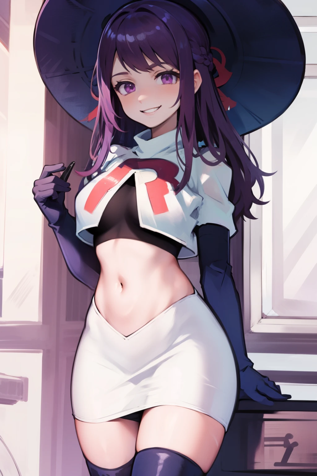 ivy fe purple eyes, purple hair, team rocket uniform, red letter R, white skirt,white crop top,black thigh-high boots,black elbow gloves, smile, show teeth, headwear