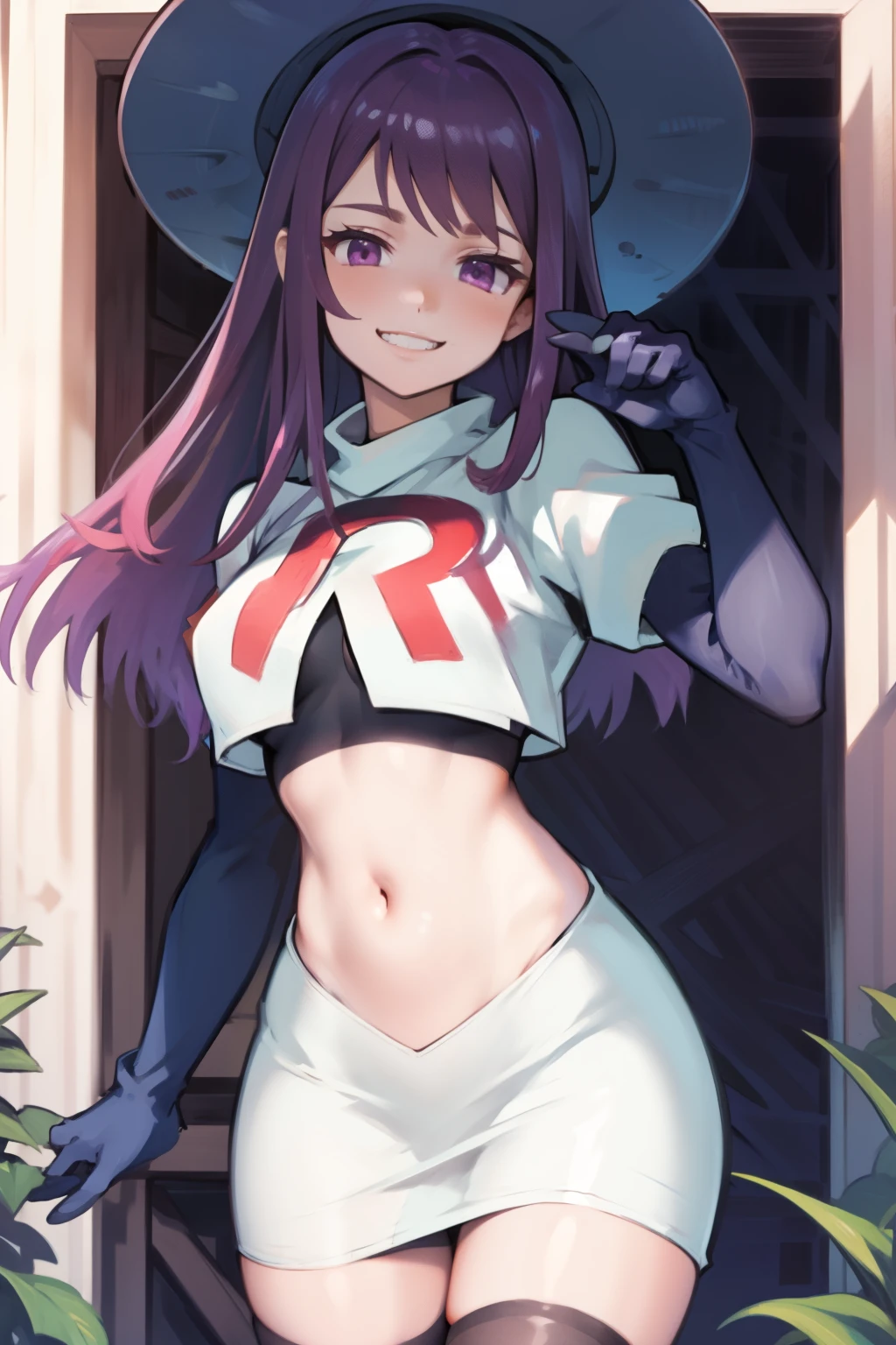 ivy fe purple eyes, purple hair, team rocket uniform, red letter R, white skirt,white crop top,black thigh-high boots,black elbow gloves, smile, show teeth, headwear