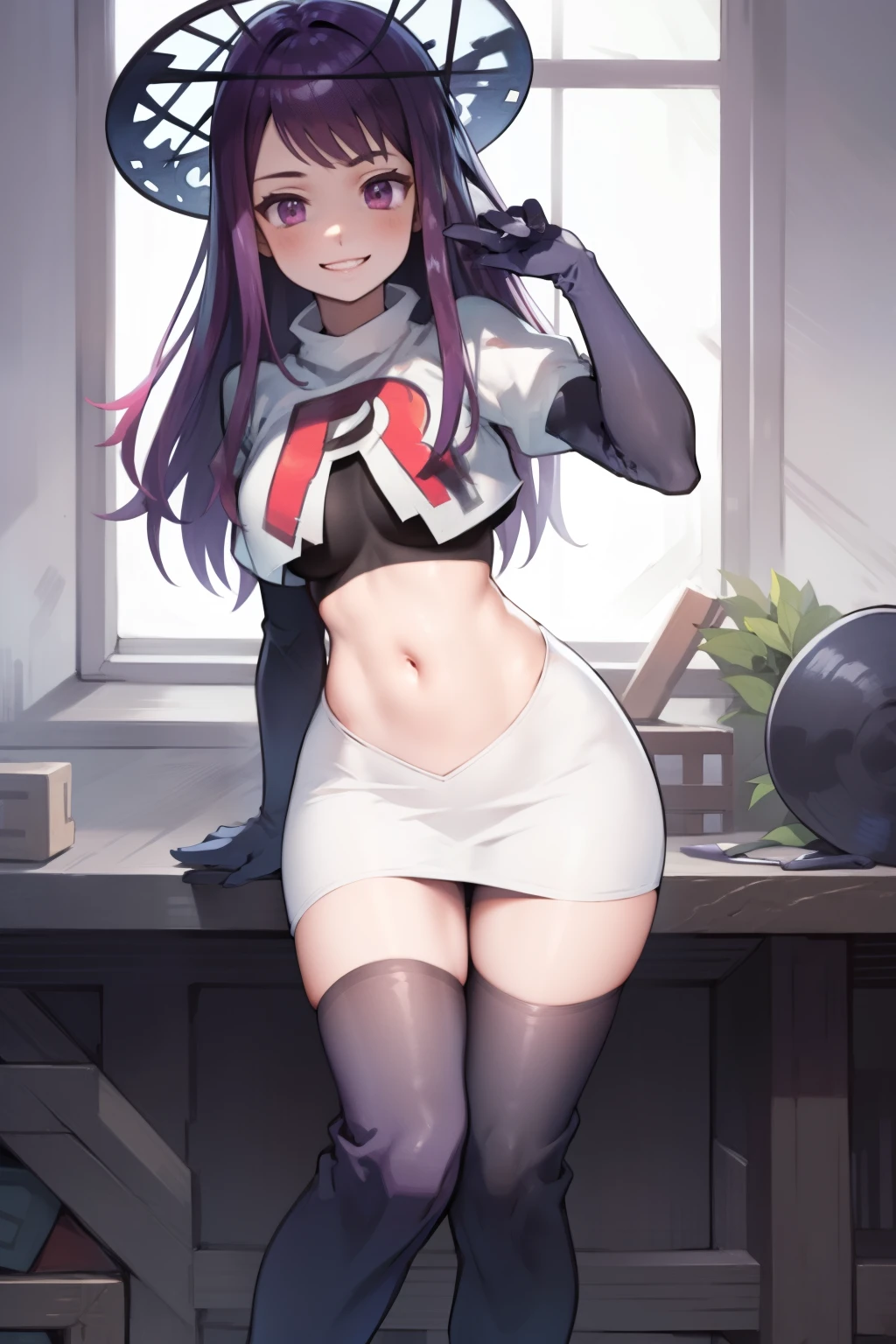 ivy fe purple eyes, purple hair, team rocket uniform, red letter R, white skirt,white crop top,black thigh-high boots,black elbow gloves, smile, show teeth, headwear