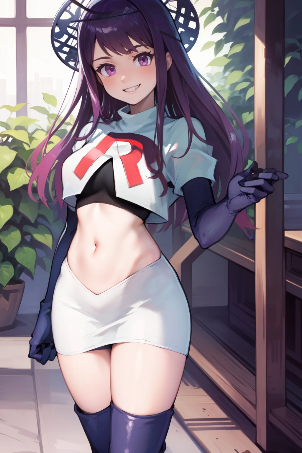 ivy fe purple eyes, purple hair, team rocket uniform, red letter R, white skirt,white crop top,black thigh-high boots,black elbow gloves, smile, show teeth, headwear