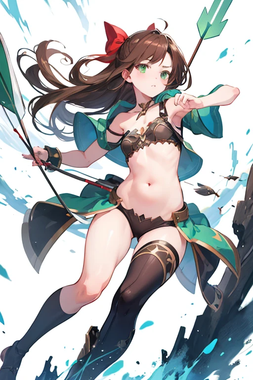 -arcana,arcana,Windranger anime style, solo, bow \(weapon\), weapon, 1girl, simple background, flower, long hair,, bug, green eyes, arrow \(projectile\), no humans, full bodyexposed belly, brown hair with red tips, short, (chest)