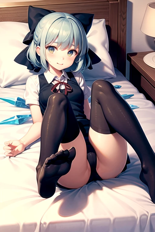 Cirno,bed,stockings,shy,supine,((Best quality at best)), ((tmasterpiece)),