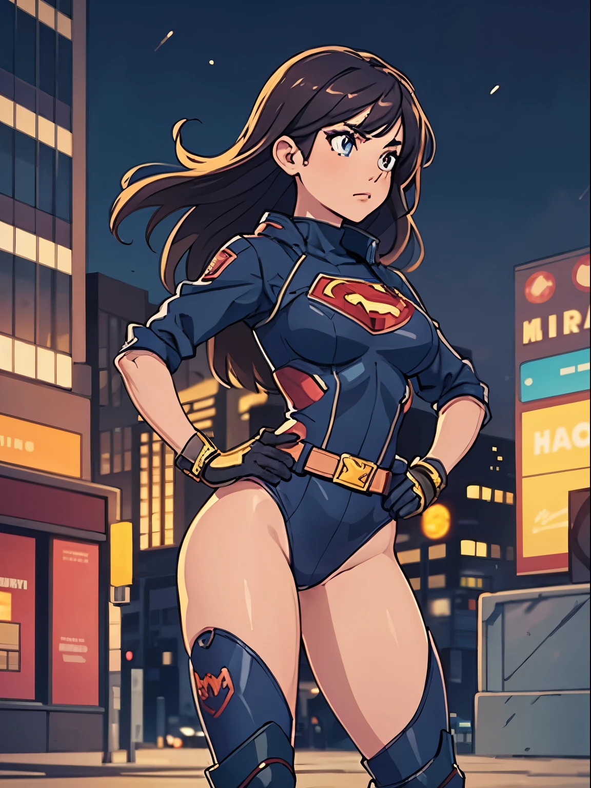 1girl, medium breasts, leotard, bare legs, tight belt, boots, gloves, city backdrop, solo, single, hands on hip, standing, full body shot, cowboy shot, superhero, beautiful detailed eyes, mature lady