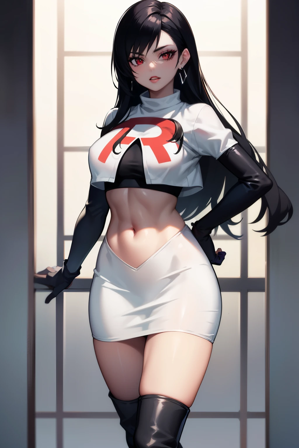 tifa ff7, black hair, long hair, red eyes ,glossy lips, light makeup, eye shadow, earrings ,team rocket,team rocket uniform, red letter R, white skirt,white crop top,black thigh-high boots, black elbow gloves,