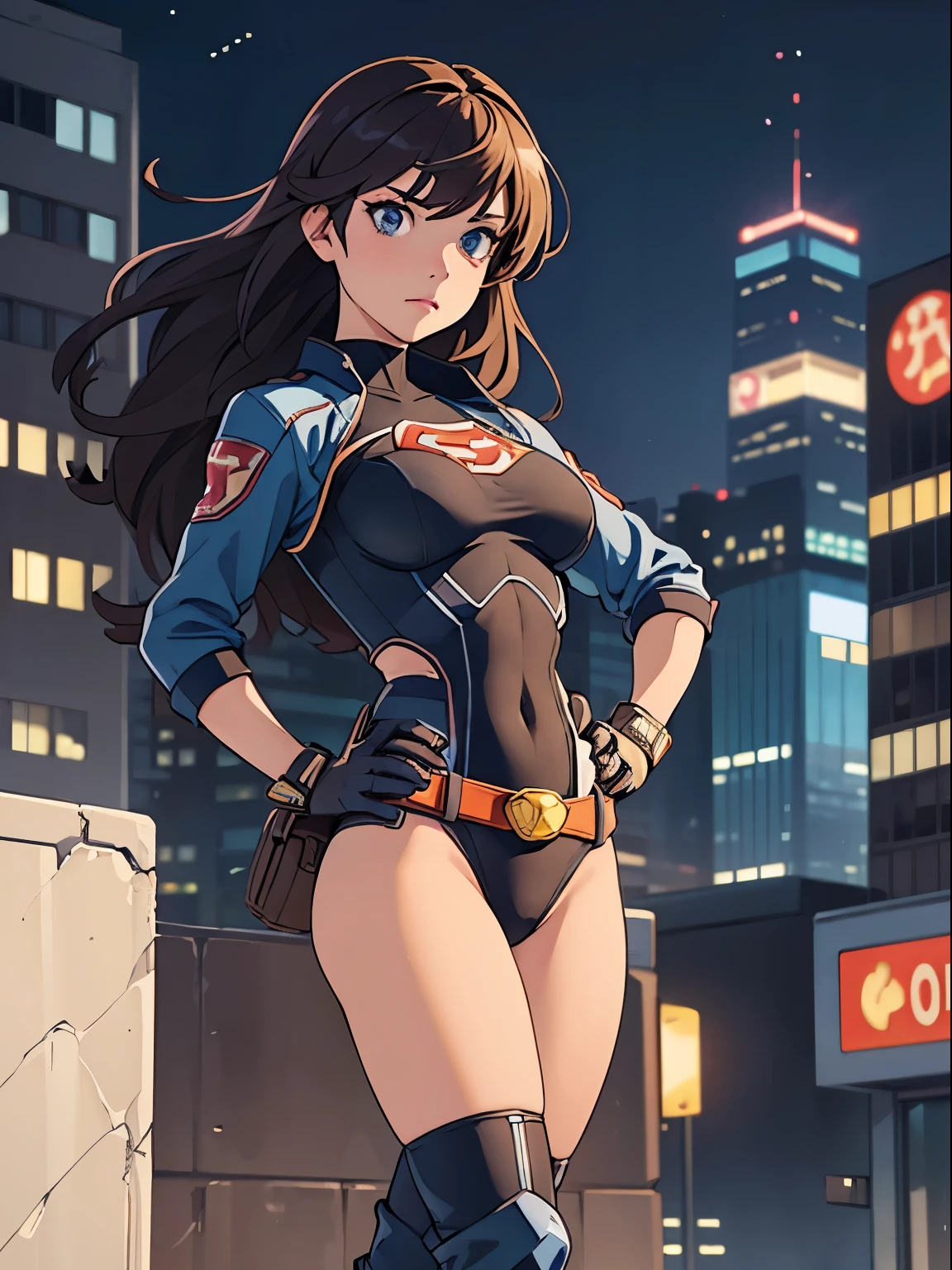Solo, (leotard, bare legs, superhero, Policewoman), Stockings, City Lights, (Looking at the audience: 1.3), Lips Apart, Red Lips, Shiny Skin, Skin Dents, Best Quality, Ultra High Resolution, (Realism: 1.4),