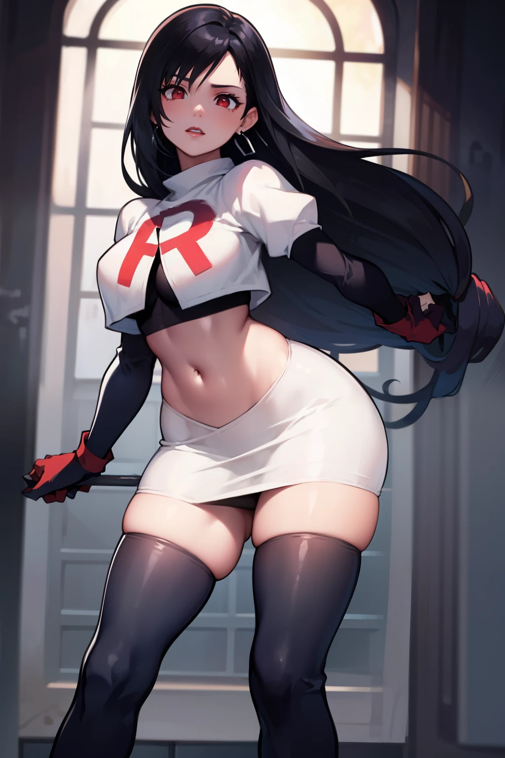 tifa ff7, black hair, long hair, red eyes ,glossy lips, light makeup, eye shadow, earrings ,team rocket,team rocket uniform, red letter R, white skirt,white crop top,black thigh-high boots, black elbow gloves,