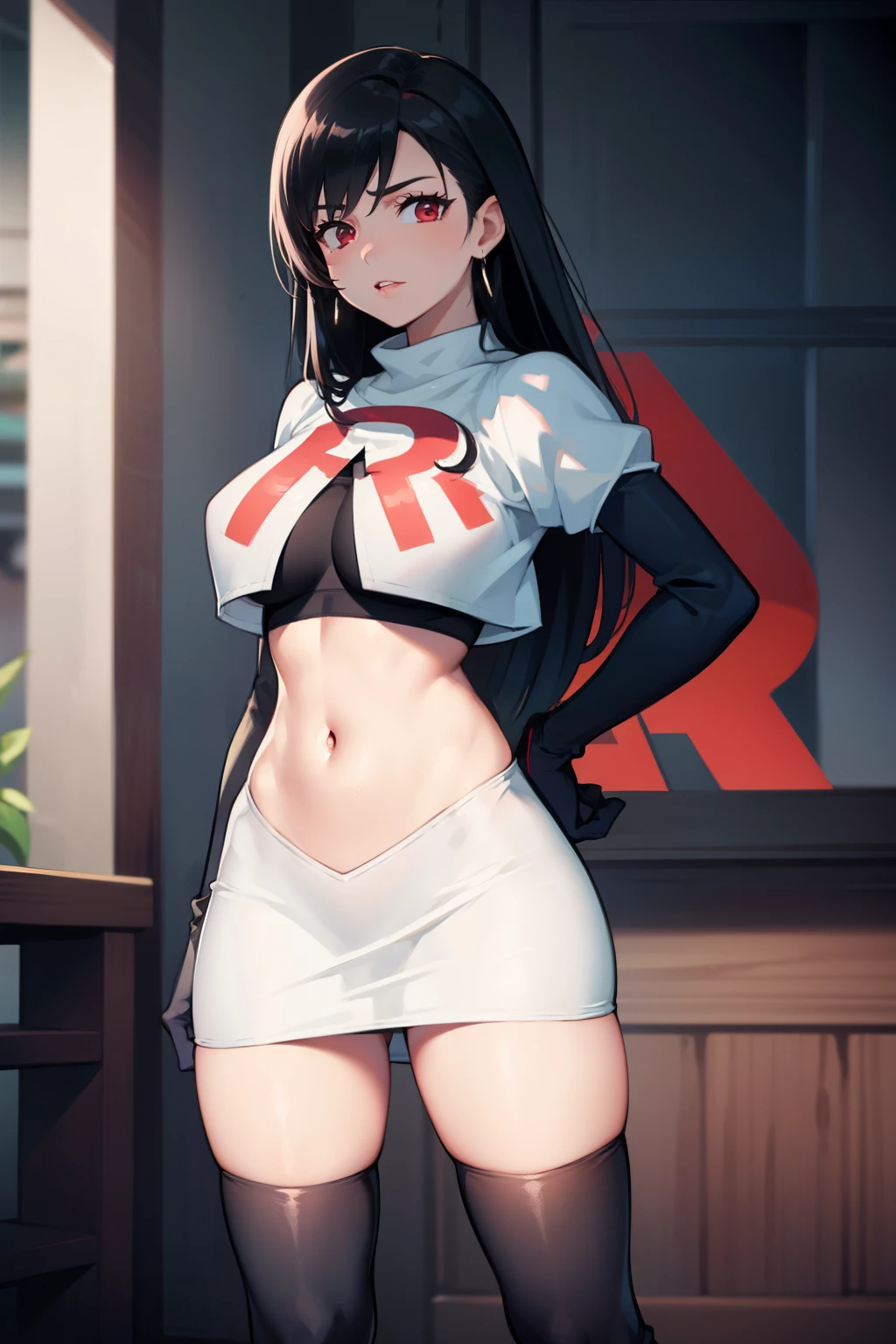 tifa ff7, black hair, long hair, red eyes ,glossy lips, light makeup, eye shadow, earrings ,team rocket,team rocket uniform, red letter R, white skirt,white crop top,black thigh-high boots, black elbow gloves,