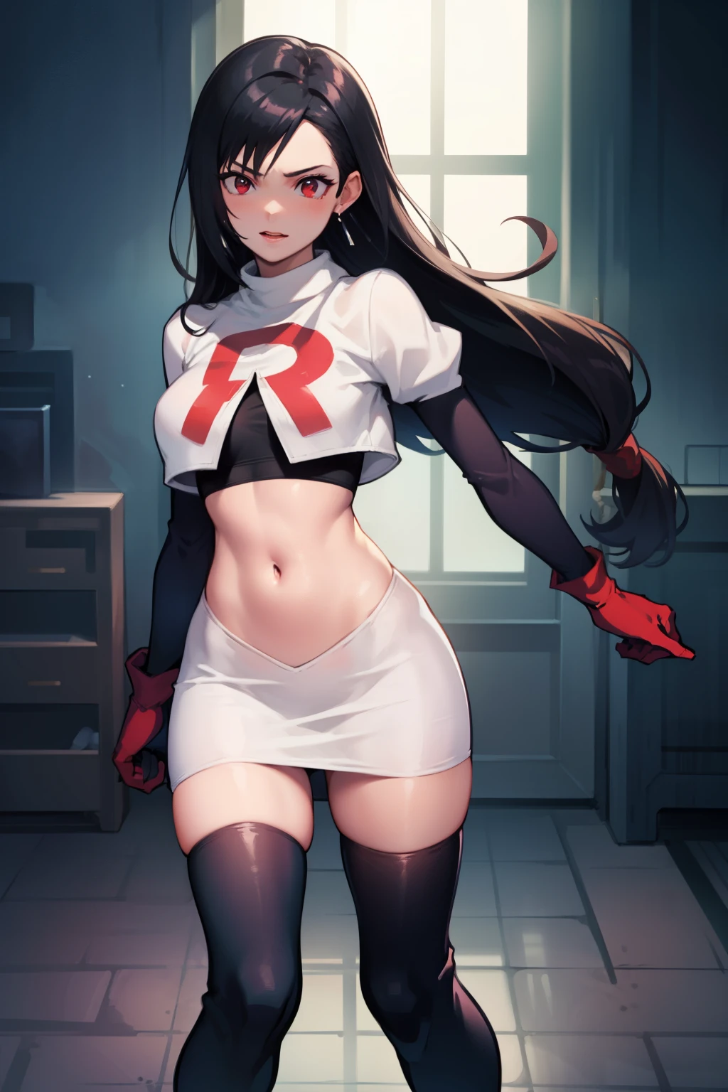 tifa ff7, black hair, long hair, red eyes ,glossy lips, light makeup, eye shadow, earrings ,team rocket,team rocket uniform, red letter R, white skirt,white crop top,black thigh-high boots, black elbow gloves,