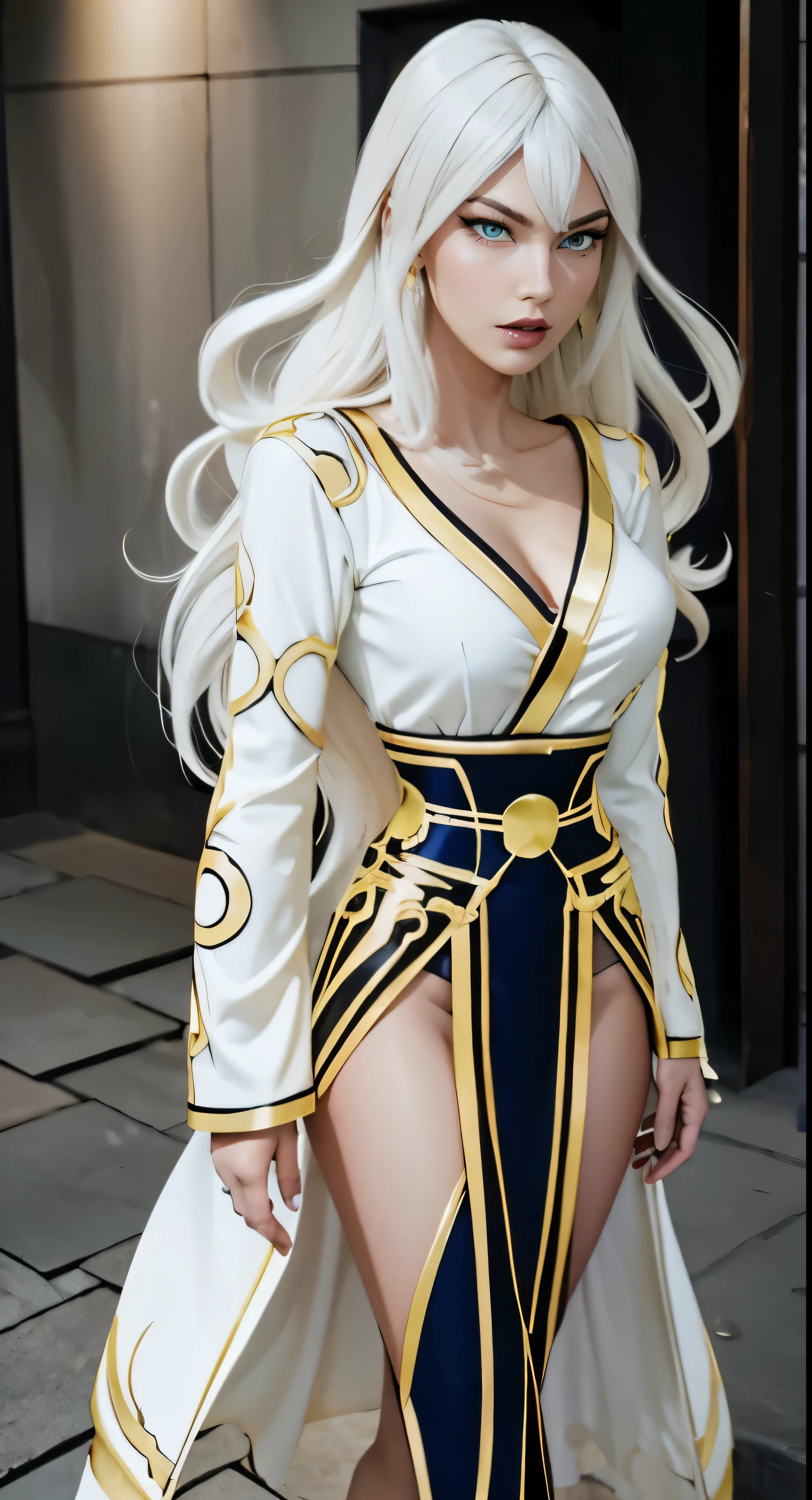 Uma mulher linda e sexy com longos cabelos brancos e olhos amarelos que veste um quimono branco com detalhes dourados e tem diversas runas percorrendo seu corpo no estilo one punch man