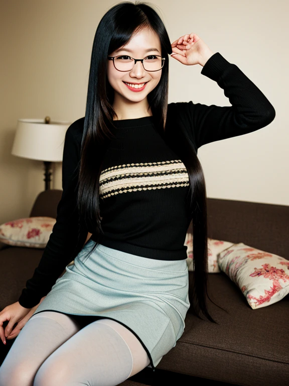 asian, glasses,  small breasts, topless, smile, sexy pencil skirt, tights, long straight hair, long legs