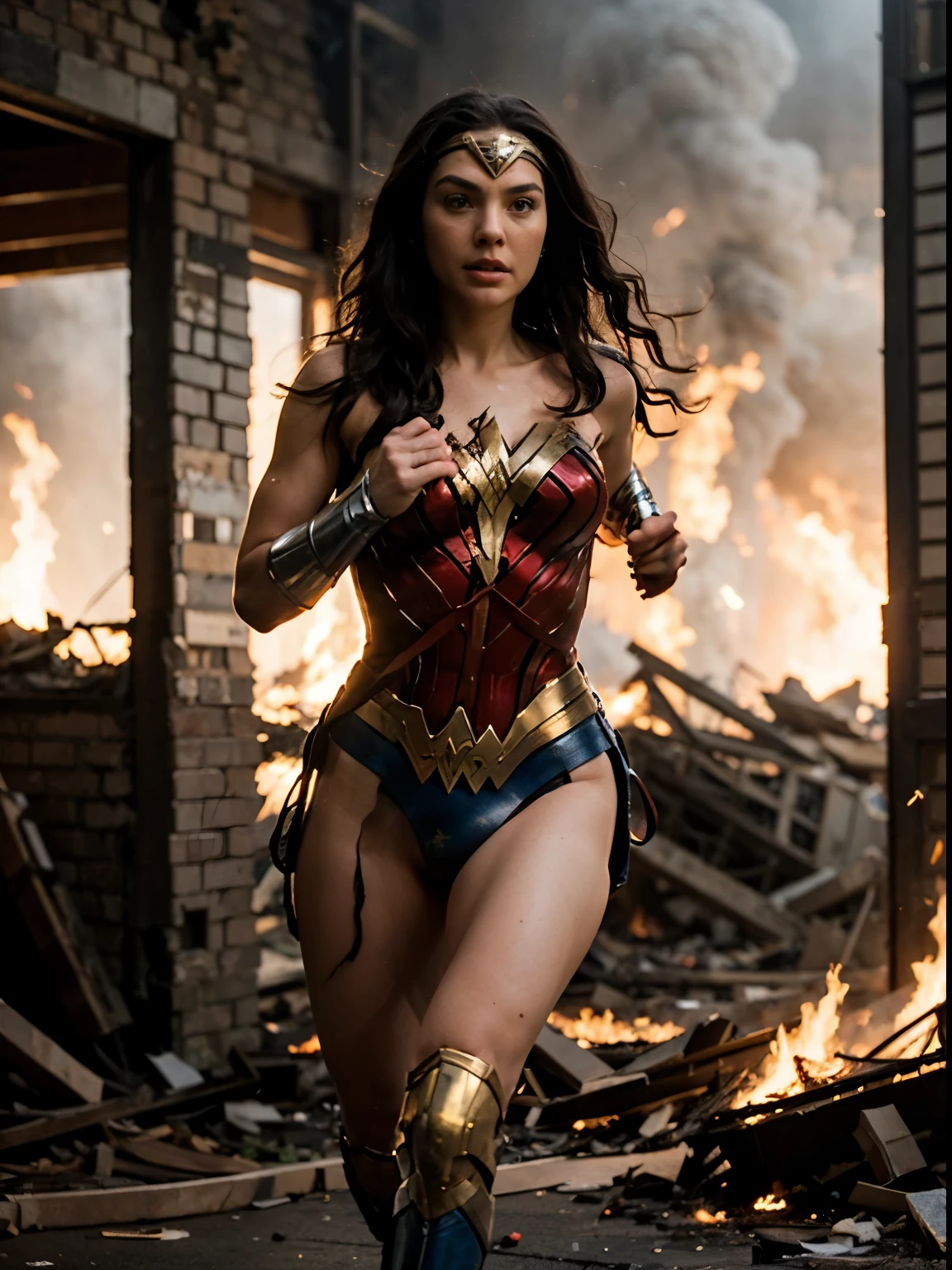 Wonder woman running through a burning building (Best Quality)), (Ultra-detailed), (extremely detailed CG unified 8k wallpaper), Highly detailed, High-definition raw color photos, Professional Photography, Amazing face