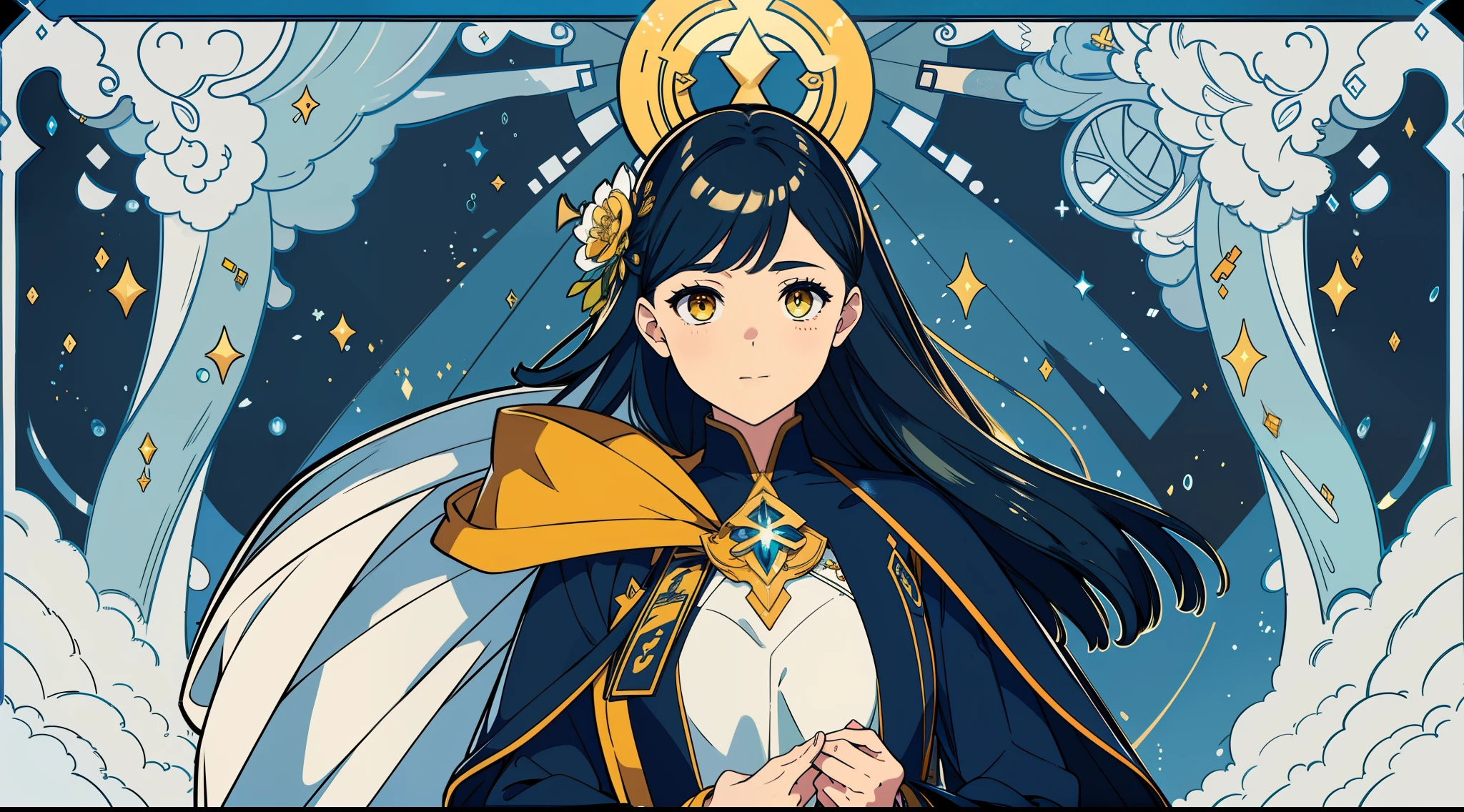 1 mature girl with long blue and yellow eyes with a big bible in her hand looking at camera, alone, High detail mature face, tie hair on the left side, golden eyes, full yellow cloak, black priest cloth, floating halo ring with radiance, high res, ultra sharp, 8k, masterpiece, smiling, fantasy world, magical radiance background ((Best quality)), ((masterpiece)), 3D, HDR (High Dynamic Range),Ray Tracing, NVIDIA RTX, Super-Resolution, Unreal 5,Subsurface scattering, PBR Texturing, Post-processing, Anisotropic Filtering, Depth-of-field, Maximum clarity and sharpness, Multi-layered textures, Albedo and Specular maps, Surface shading, Accurate simulation of light-material interaction, Perfect proportions, Octane Render, Two-tone lighting, Wide aperture, Low ISO, White balance, Rule of thirds,8K RAW, Aura, masterpiece, best quality, Mysterious expression, magical effects like sparkles or energy, flowing robes or enchanting attire, mechanic creatures or mystical background, rim lighting, side lighting, cinematic light, ultra high res, 8k uhd, film grain, best shadow, delicate, RAW, light particles, detailed skin texture, detailed cloth texture, beautiful face, 
(masterpiece), best quality, expressive eyes, perfect face,