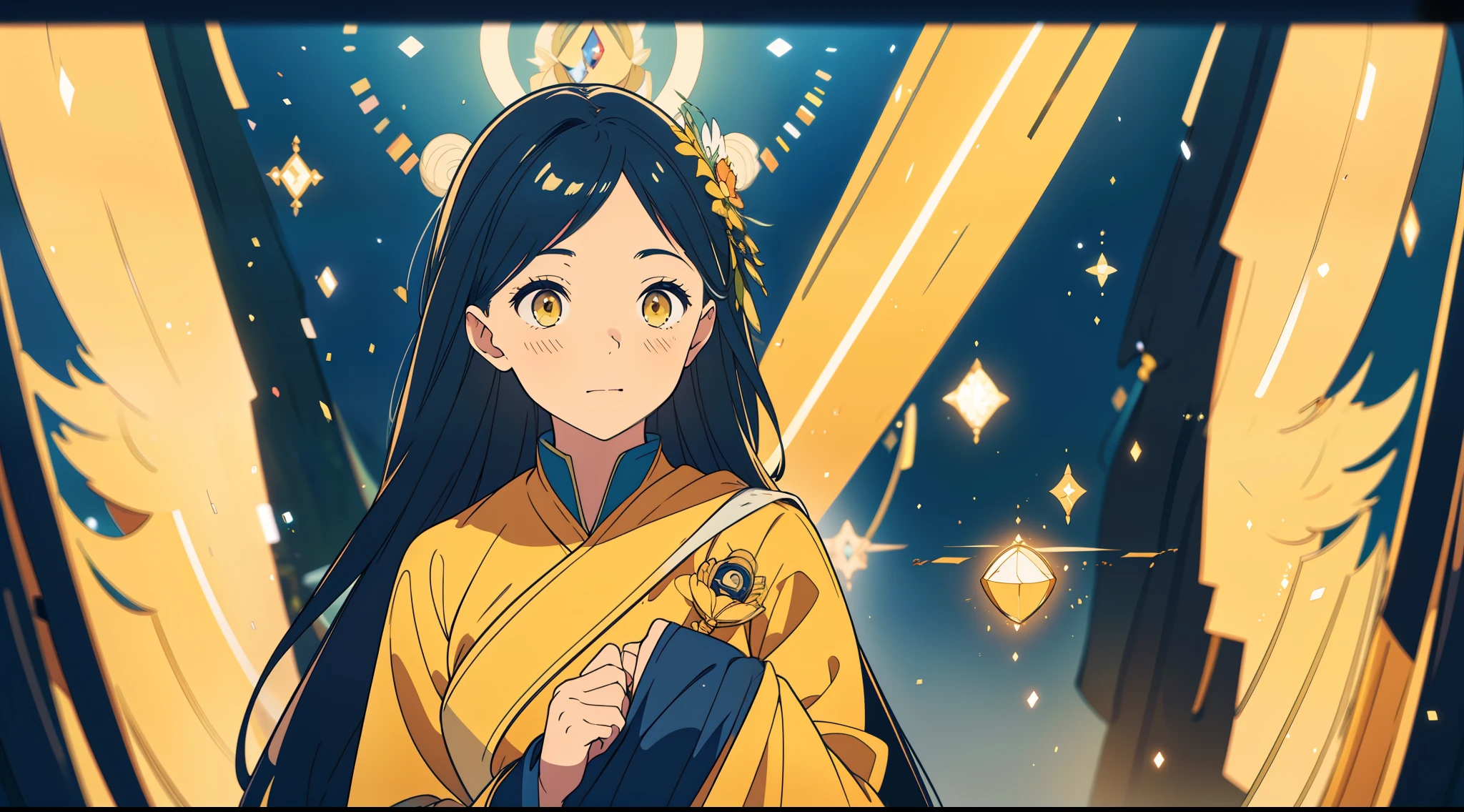 1 mature girl with long blue and yellow eyes with a big bible in her hand looking at camera, alone, High detail mature face, tie hair on the left side, golden eyes, full yellow cloak, black priest cloth, floating halo ring with radiance, high res, ultra sharp, 8k, masterpiece, smiling, fantasy world, magical radiance background ((Best quality)), ((masterpiece)), 3D, HDR (High Dynamic Range),Ray Tracing, NVIDIA RTX, Super-Resolution, Unreal 5,Subsurface scattering, PBR Texturing, Post-processing, Anisotropic Filtering, Depth-of-field, Maximum clarity and sharpness, Multi-layered textures, Albedo and Specular maps, Surface shading, Accurate simulation of light-material interaction, Perfect proportions, Octane Render, Two-tone lighting, Wide aperture, Low ISO, White balance, Rule of thirds,8K RAW, Aura, masterpiece, best quality, Mysterious expression, magical effects like sparkles or energy, flowing robes or enchanting attire, mechanic creatures or mystical background, rim lighting, side lighting, cinematic light, ultra high res, 8k uhd, film grain, best shadow, delicate, RAW, light particles, detailed skin texture, detailed cloth texture, beautiful face, 
(masterpiece), best quality, expressive eyes, perfect face,