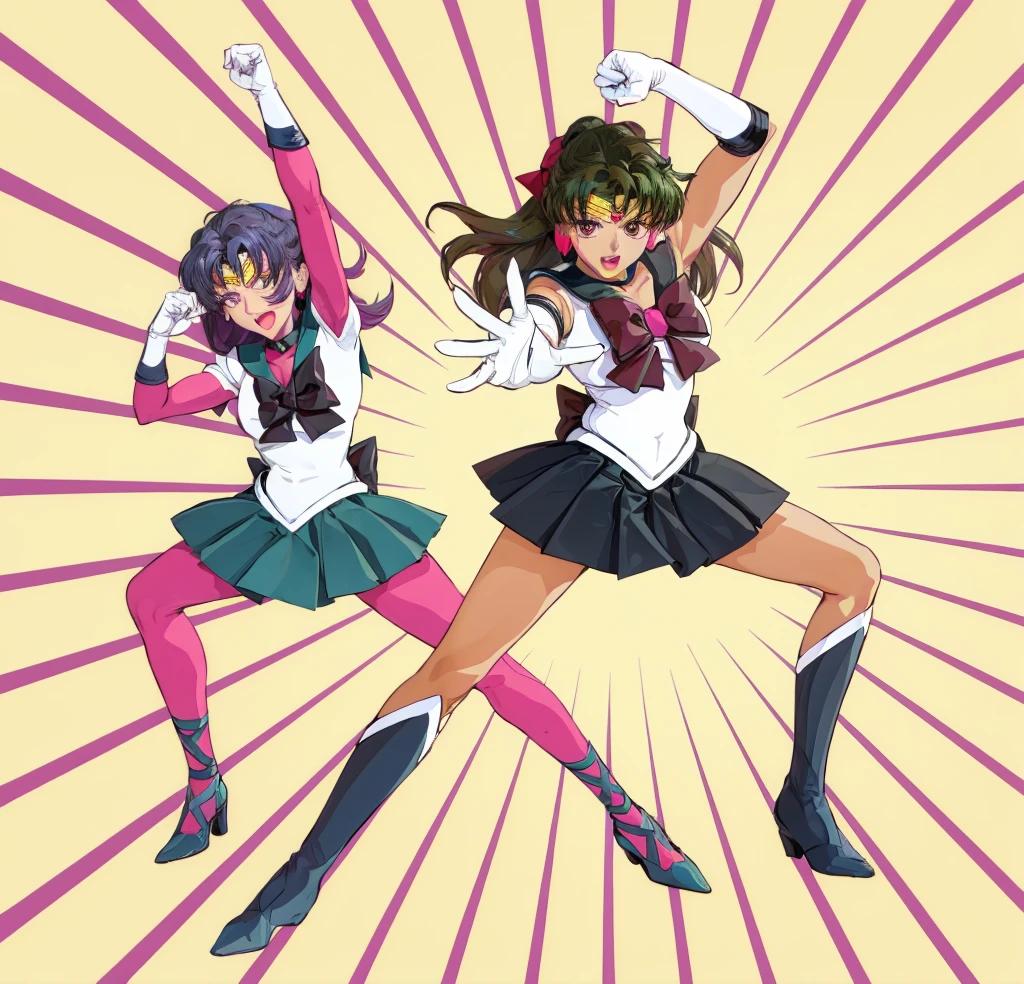 Masterpiece, Best Quality, High Resolution, 1girl, Solo, Ponytail, Green Hair, (Elbow Gloves), Headdress, Purple Bow, Tight Top, (Black Sailor Collar), White Gloves, Earrings, Smile, Pure Background, Clean Background, Purple Background, Black Skirt, (Sailor Mars Uniform), (Sailor Venus Uniform), Standing, one bend leg, one straight leg, White Top, Elbow Gloves, Long Skirt, one arm above the head, one hand in front of the body, looking to the viewer, evil expression, open mouth