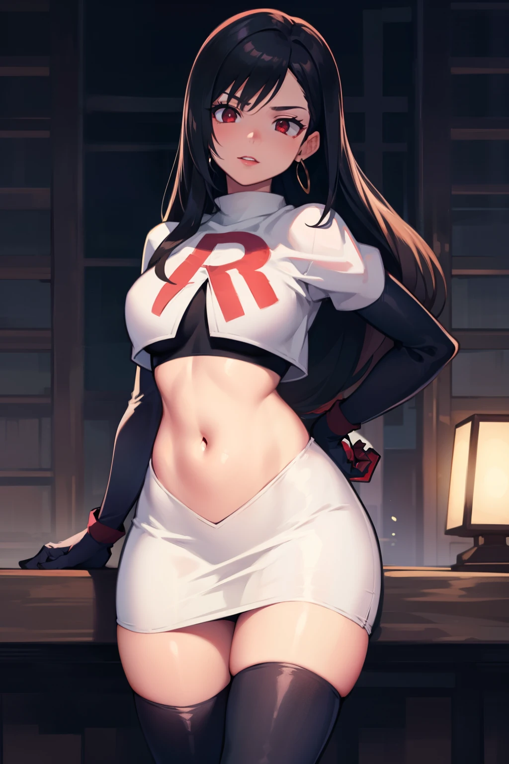 tifa ff7, black hair, long hair, red eyes ,glossy lips, light makeup, eye shadow, earrings ,team rocket,team rocket uniform, red letter R, white skirt,white crop top,black thigh-high boots, black elbow gloves,