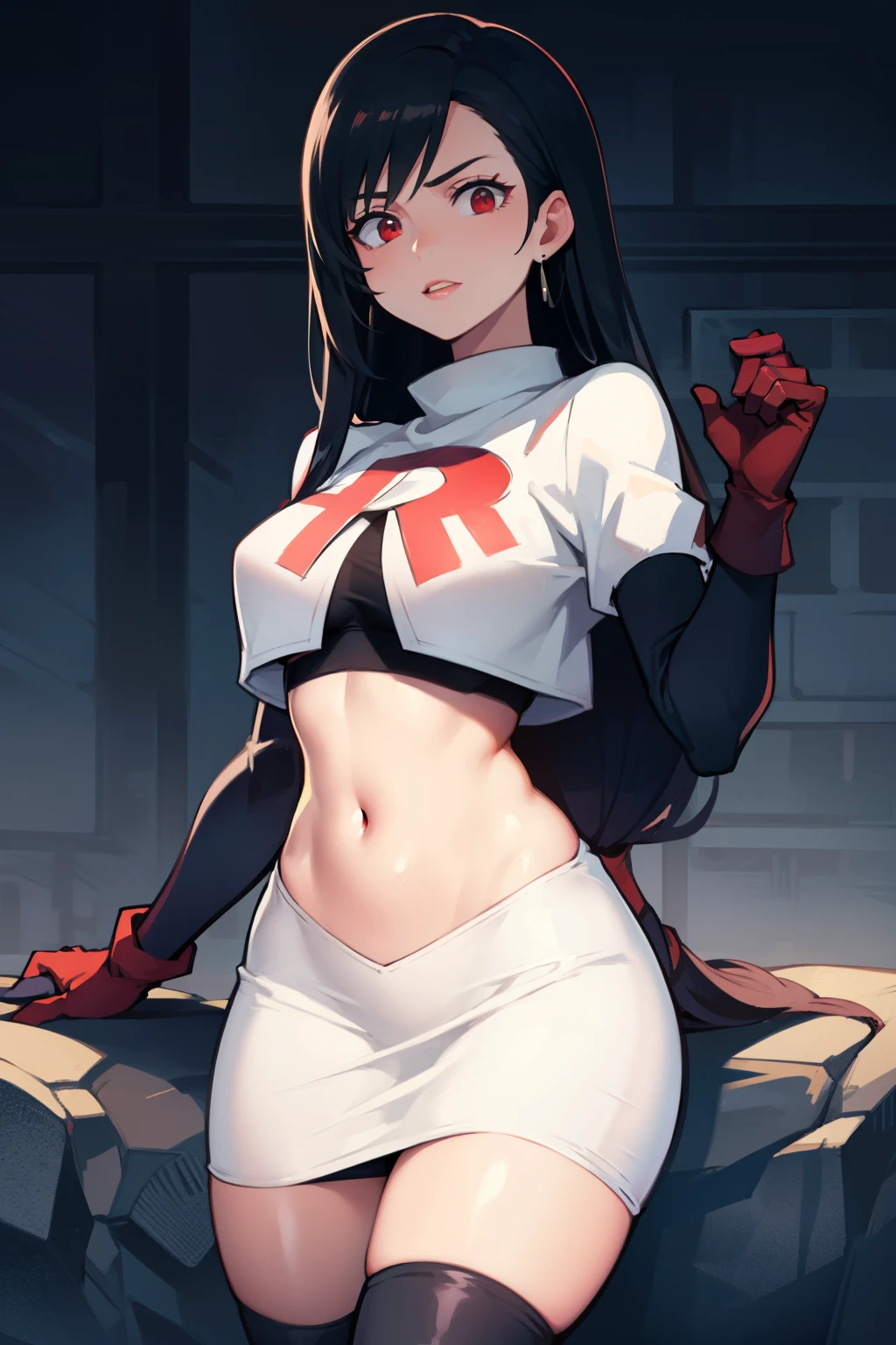 tifa ff7, black hair, long hair, red eyes ,glossy lips, light makeup, eye shadow, earrings ,team rocket,team rocket uniform, red letter R, white skirt,white crop top,black thigh-high boots, black elbow gloves,