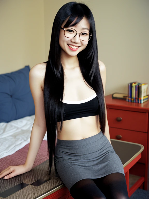 asian, glasses,  small breasts, topless, smile, sexy pencil skirt, tights, long straight hair, long legs