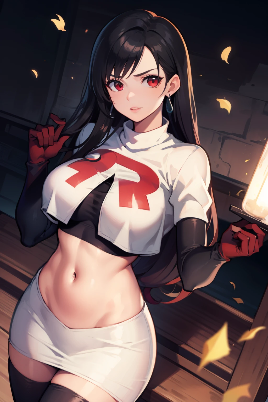 tifa ff7, black hair, long hair, red eyes ,glossy lips, light makeup, eye shadow, earrings ,team rocket,team rocket uniform, red letter R, white skirt,white crop top,black thigh-high boots, black elbow gloves,