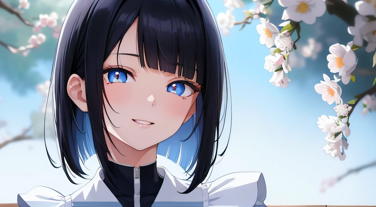 nagase nano, black hair, short to medium hair, with bangs, open forehead, sided hair, blue eyes, small breast, white clothes, outdoor, smilinasterpiece:1.2), best quality, high resolution, unity 8k wallpaper, (illustration:0.8), (beautiful detailed eyes:1.6), extremely detailed face, perfect lighting, extremely detailed CG, (perfect hands, perfect anatomy)