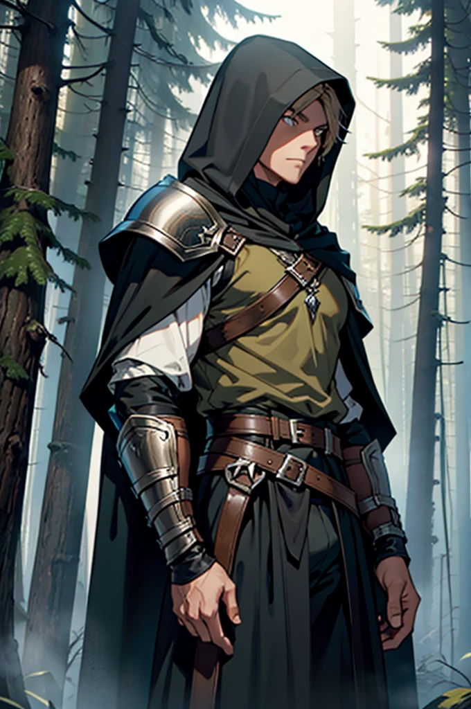 Wood Elf Ranger, with short brown hair, An elf dressed in a black hooded ranger, Serious look, in black leather armor, Ranger Warrior, Elf in a hood, Thin and tall, Full-length, Slim, Very tall, Enigmatic, Hooded, Wearing a black cloak at the back, in front of a forest background, Medieval times, Fantasy, Odin, On the right hand is a glove, Black Dark Cape, big bulge