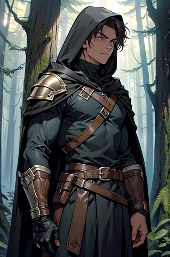 Wood Elf Ranger, with short brown hair, An elf dressed in a black hooded ranger, Serious look, in black leather armor, Ranger Warrior, Elf in a hood, Thin and tall, Full-length, Slim, Very tall, Enigmatic, Hooded, Wearing a black cloak at the back, in front of a forest background, Medieval times, Fantasy, Odin, On the right hand is a glove, Black Dark Cape, big bulge