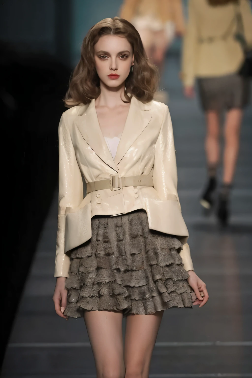 a woman in a short skirt and jacket walking down a pista, christian Dior style, inspirado em Antonio Rotta, usando jaqueta e saia, baixa estatura, inspirado em Enrico Baj, Dior, inspirado em Antonio Cavallucci, pista, inspirado em Giorgio De Vincenzi, inspirado em Giambattista Pittoni, inspirado em Antonio Saura