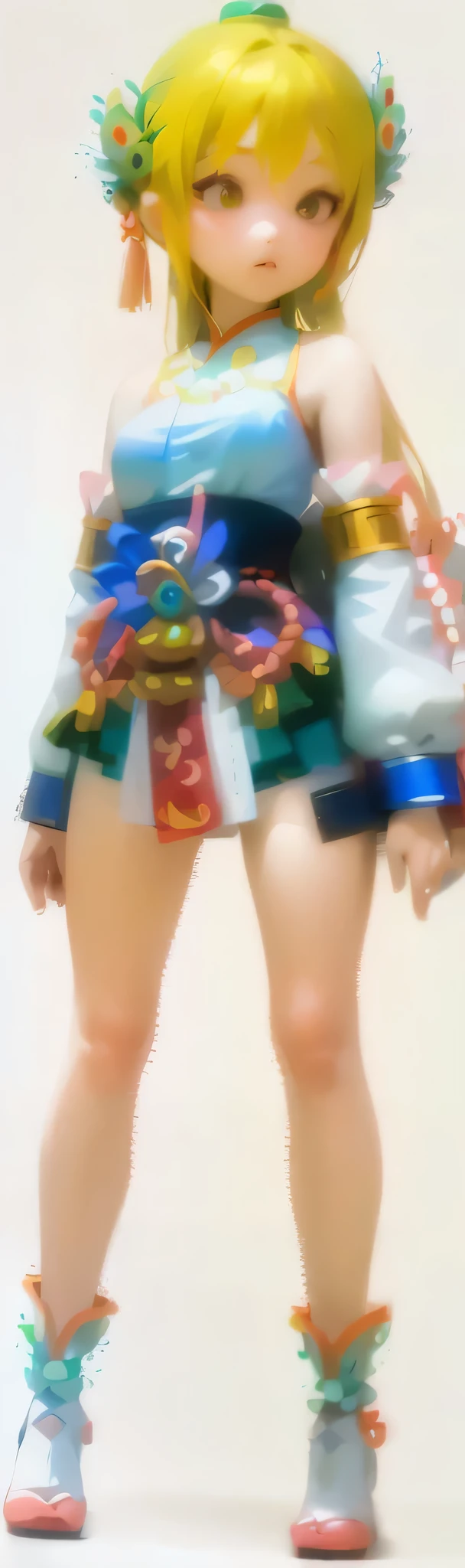 a close up of a girl, ornate korean costume, polearm behind her, clothes themed on a peacock mage, sakura kinomoto, ultra high pixel detail, hand on hips, thighs focus, upper torso included, thighs close up, extremely high level of detail