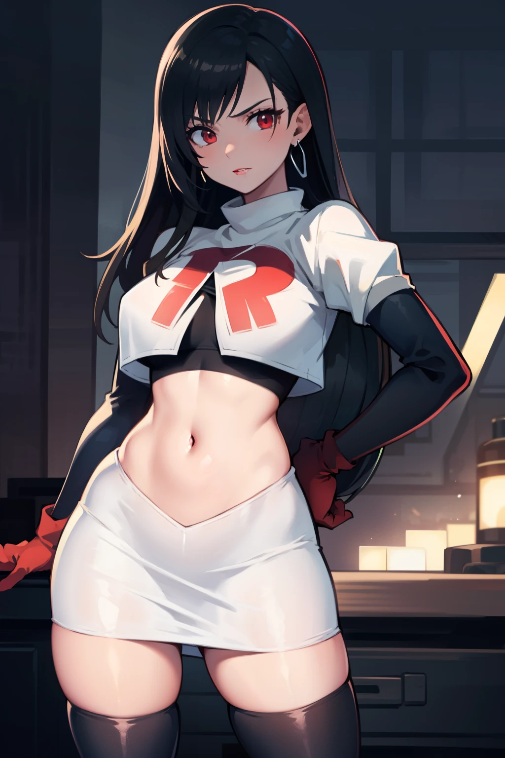 tifa ff7, black hair, long hair, red eyes ,glossy lips, light makeup, eye shadow, earrings ,team rocket,team rocket uniform, red letter R, white skirt,white crop top,black thigh-high boots, black elbow gloves,