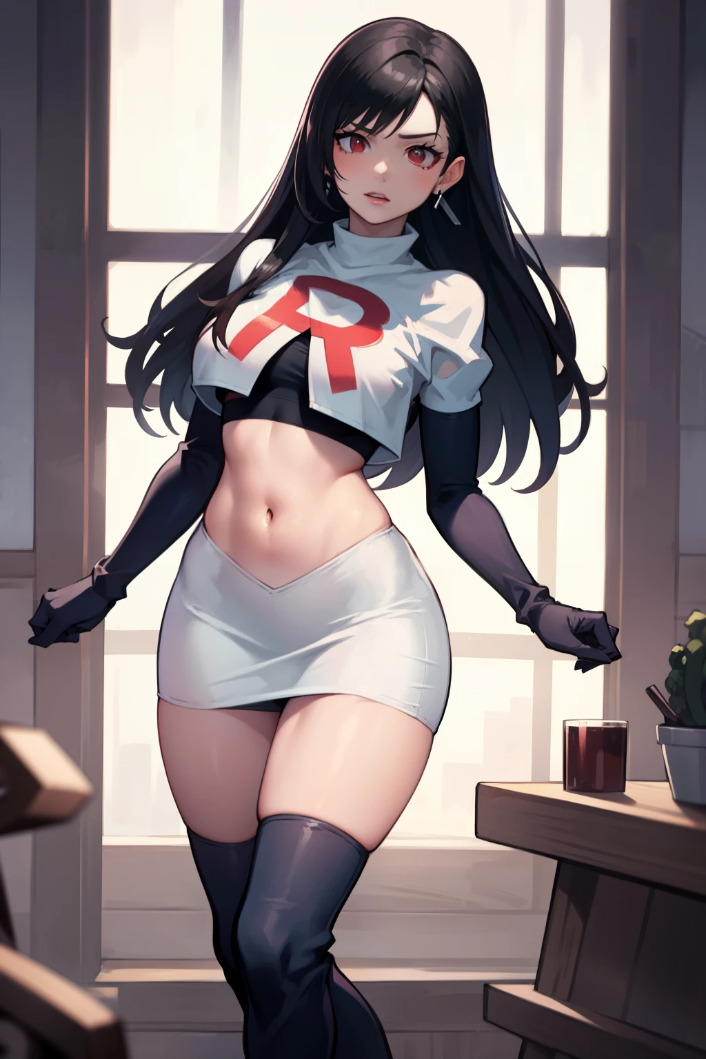 tifa ff7, black hair, long hair, red eyes ,glossy lips, light makeup, eye shadow, earrings ,team rocket,team rocket uniform, red letter R, white skirt,white crop top,black thigh-high boots, black elbow gloves,