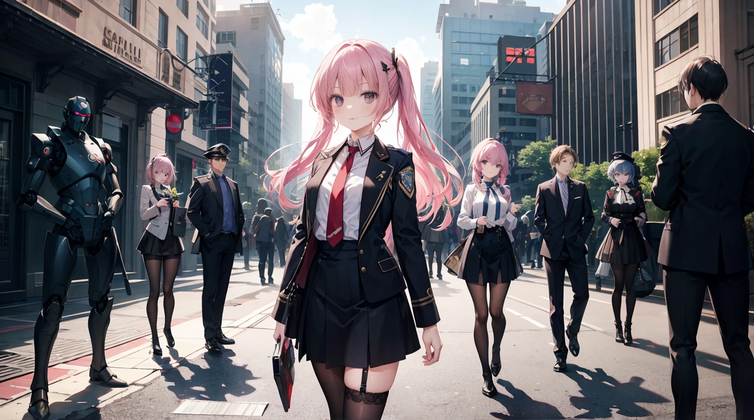 There is a woman standing in front of a group of robots,, resultant, beautiful android woman,、Grandiose war scenes, Inspired by Richard Arviden, dieselpunk policewoman, Mitsukasa Ayase,purpleeyes,Medium long pink hair, Smaller,, girl in a suit, Intricate fashion clothing, beautiful female warrior,black short skirt,Black stockings