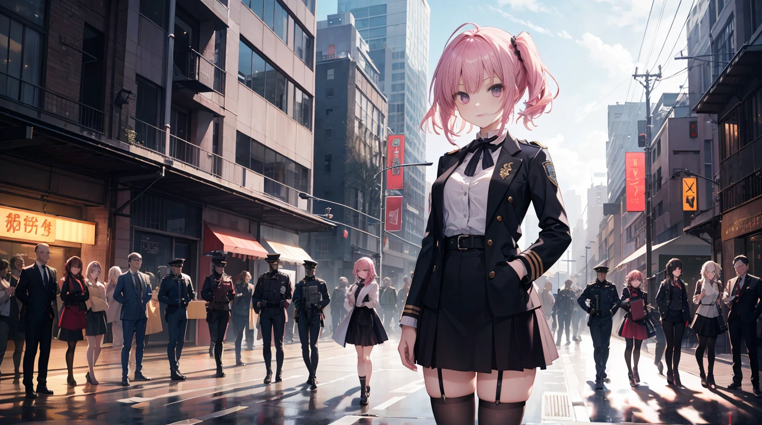 There is a woman standing in front of a group of robots,, resultant, beautiful android woman,、Grandiose war scenes, Inspired by Richard Arviden, dieselpunk policewoman, Mitsukasa Ayase,purpleeyes，Medium long pink hair， Smaller,, girl in a suit, Intricate fashion clothing, beautiful female warrior，black short skirt，Black stockings